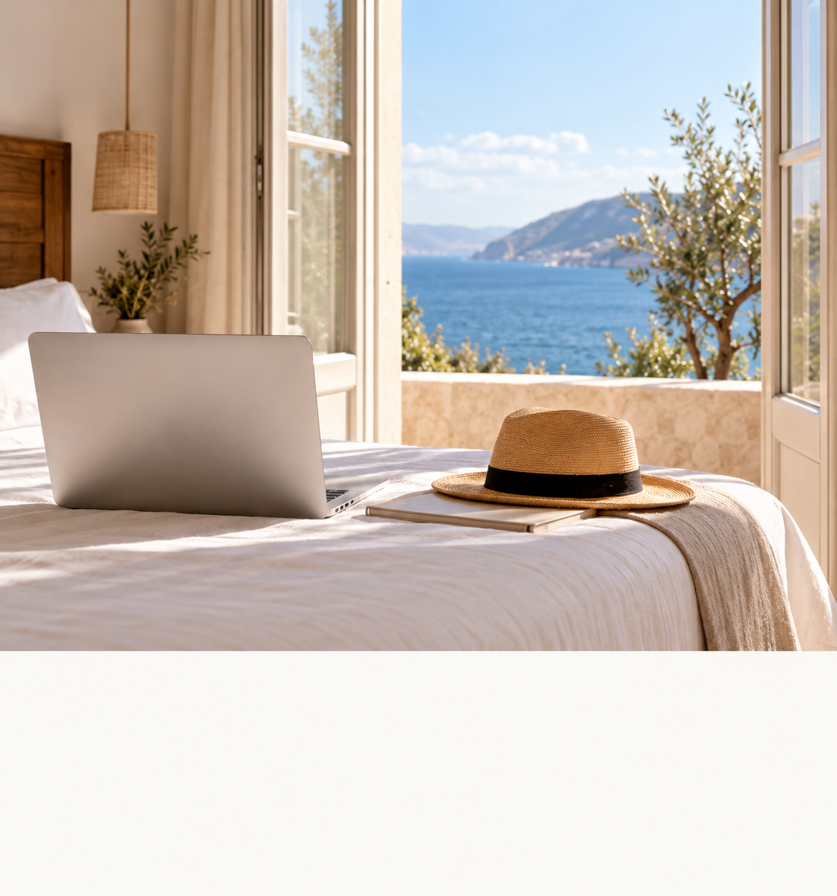 Bright Mediterranean B&B room with laptop and sea view for Low-Season Booking Sprint